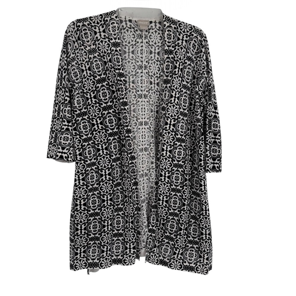 Chico's Cardigan Sweater Size 1 (M) Open Womens Black White Geometric Print Long